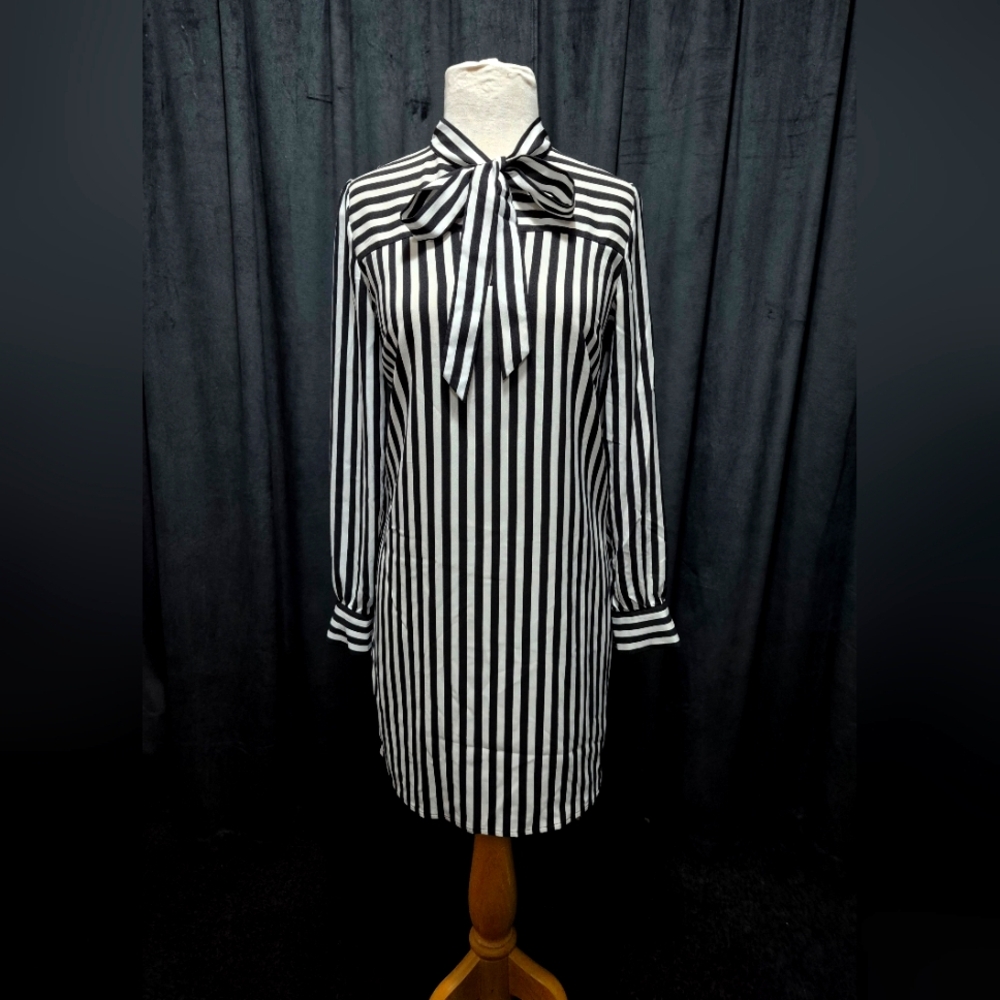 LOFT Black and White Striped Long Sleeve Dress